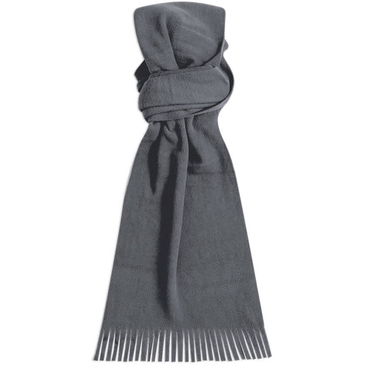 A grey scarf with a soft texture and fringed ends, featuring a logo. Perfect for adding style to outfits.