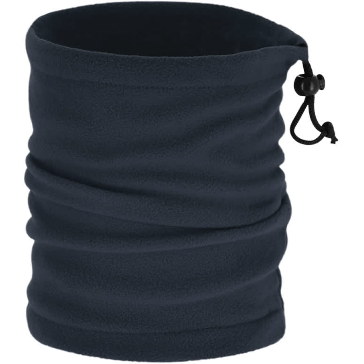 A navy blue neck warmer with a drawstring for adjustable fit, featuring a soft, textured fabric.