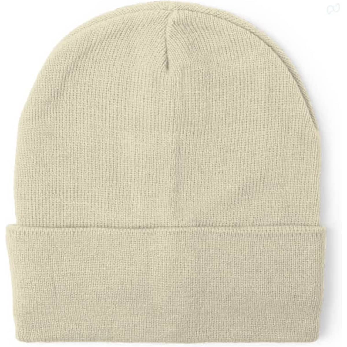 A beige beanie hat with a folded cuff and a textured knit design. It features a logo on the inside.