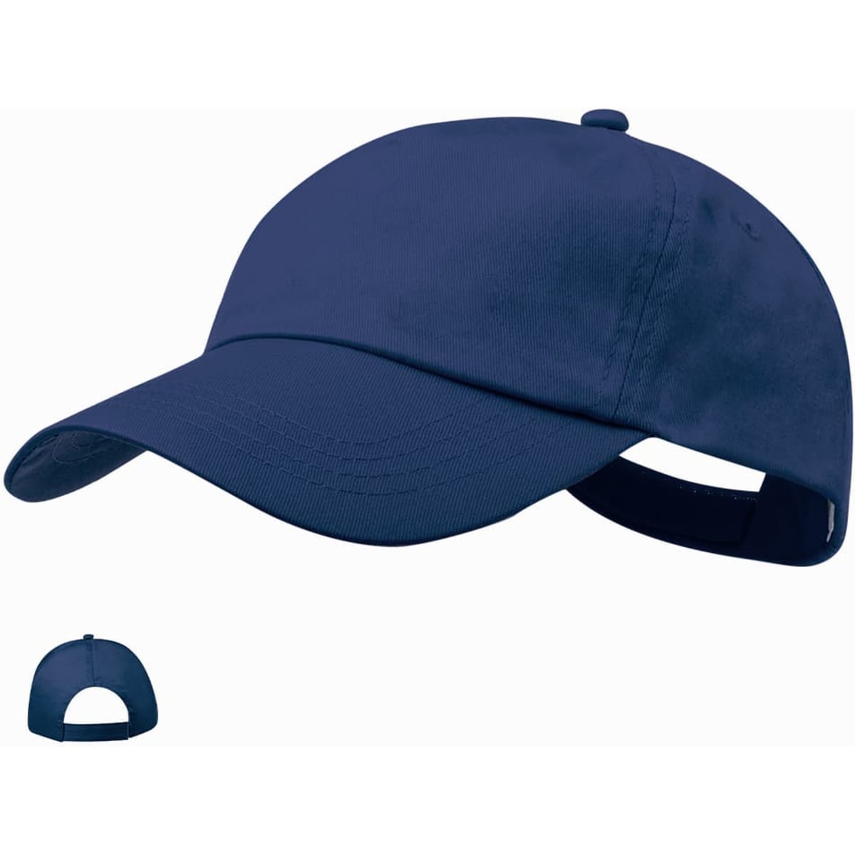 A navy blue sport cap with a curved brim and an adjustable strap at the back. It features a logo.