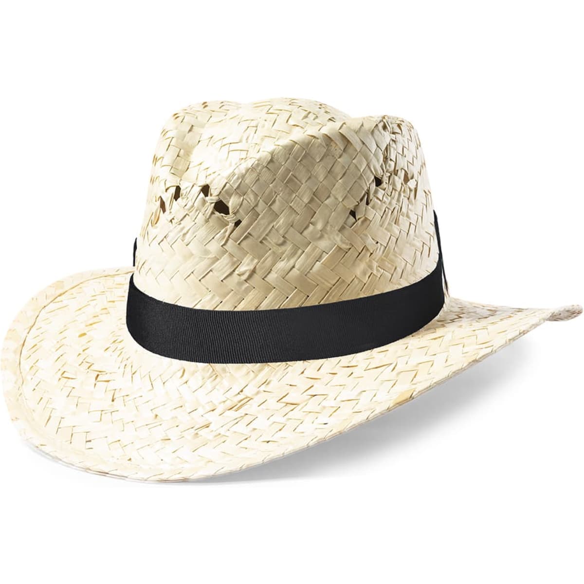 A straw hat featuring a wide brim and black band, showcasing a natural woven design in light beige tones.