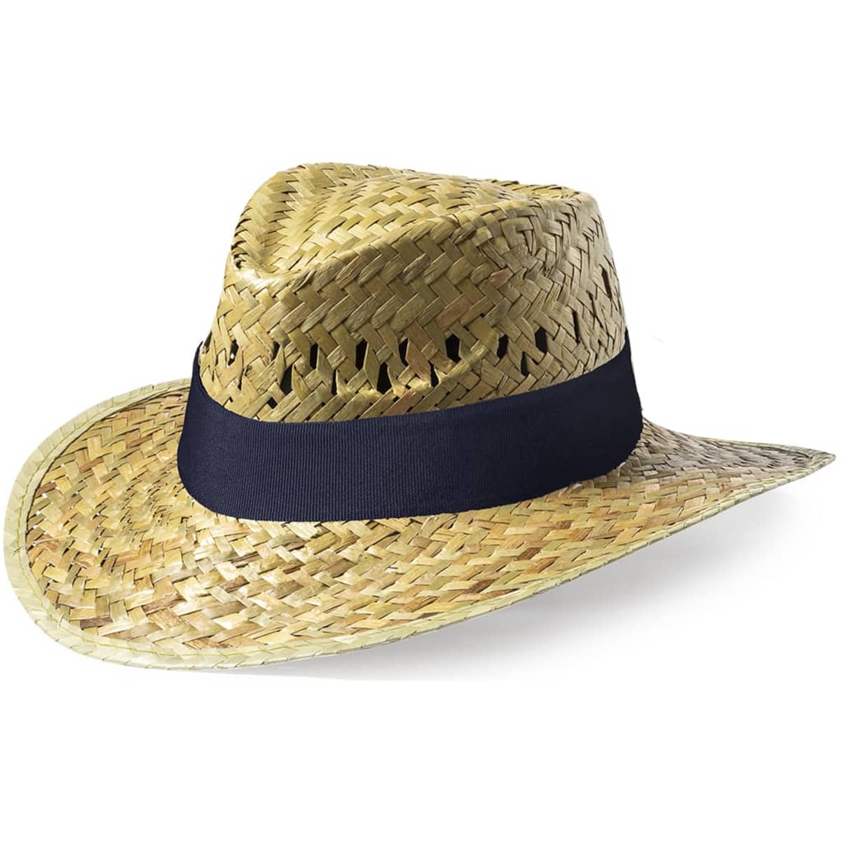 A straw hat with a wide brim and a navy blue ribbon band. It features a textured woven design.