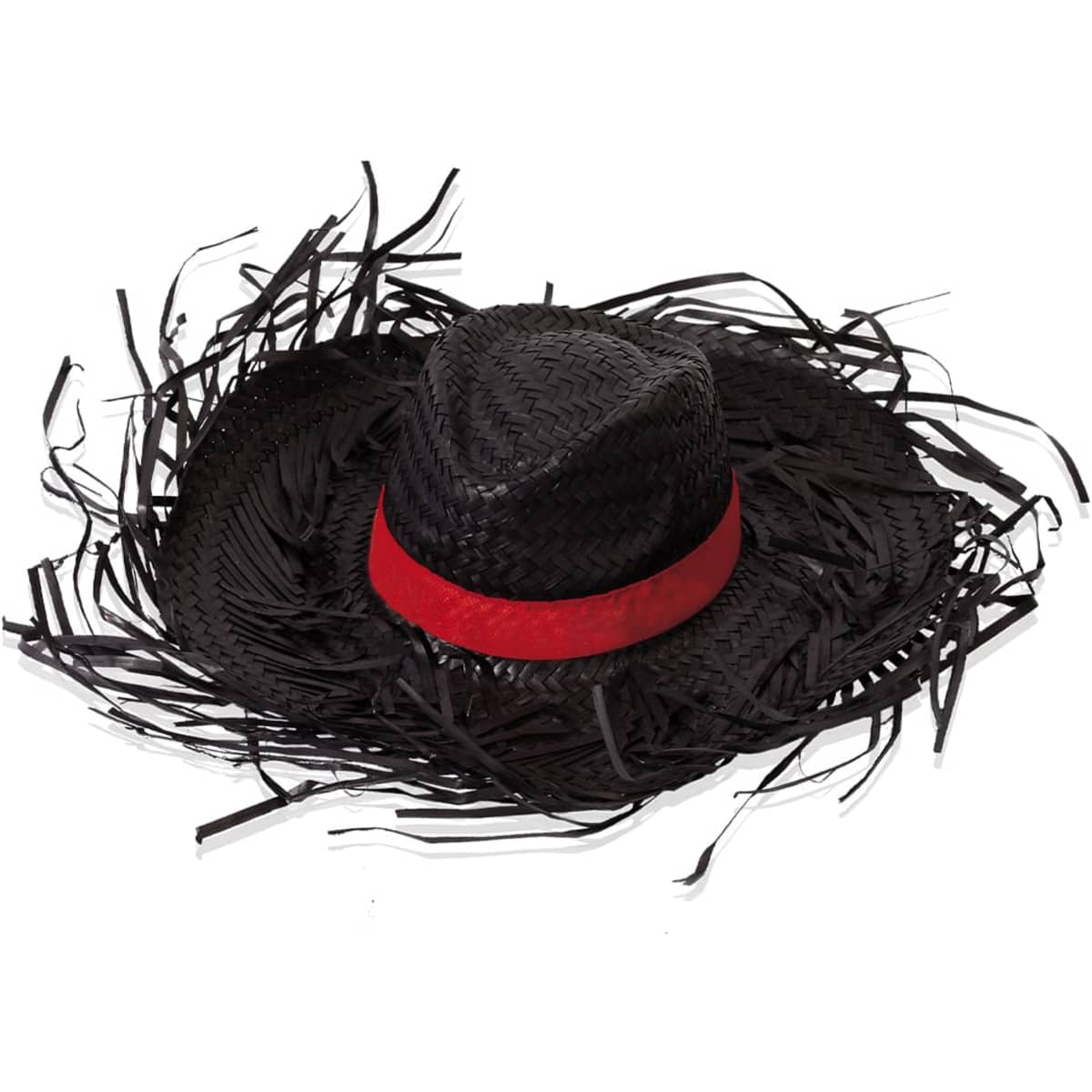 A black straw hat with fringed edges and a red band around the base, featuring a logo.