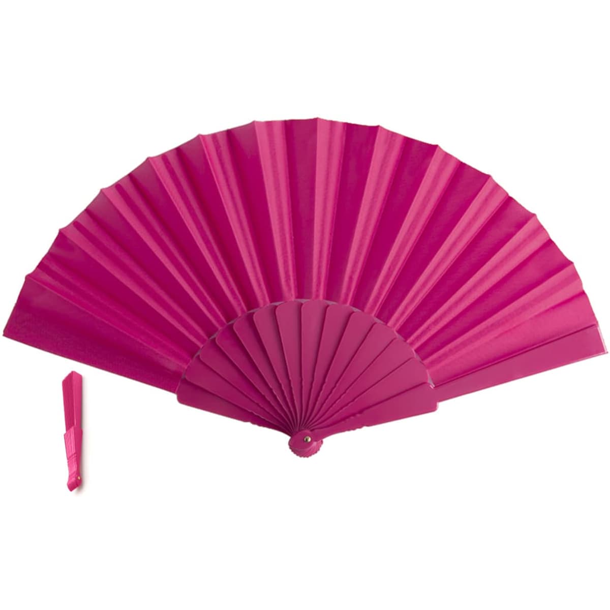 A pink handheld fan with a foldable design and a small matching accessory beside it.