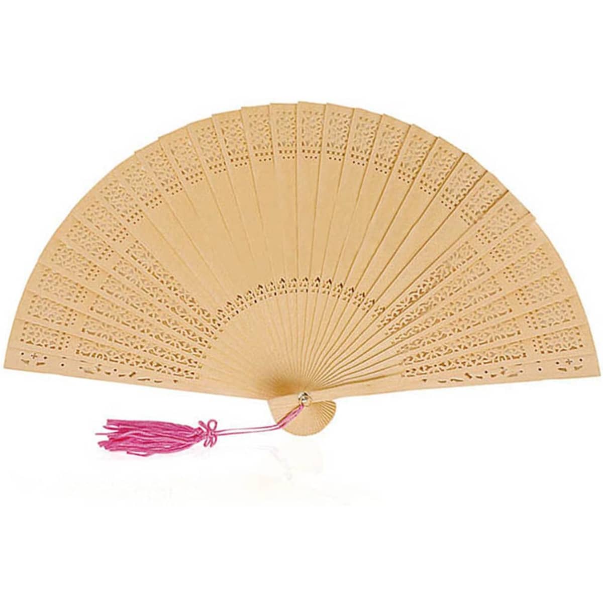 A beige handheld fan with intricate cut-out patterns and a pink tassel, featuring a circular handle.
