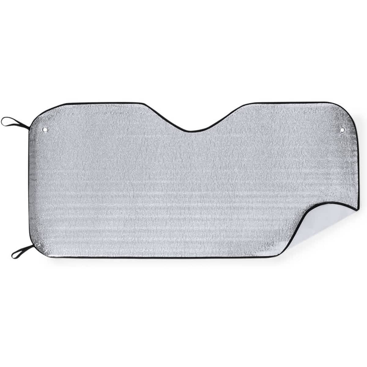 A reflective sunshade in silver with a black trim, designed for leisure and outdoor use. It features eyelet attachments.