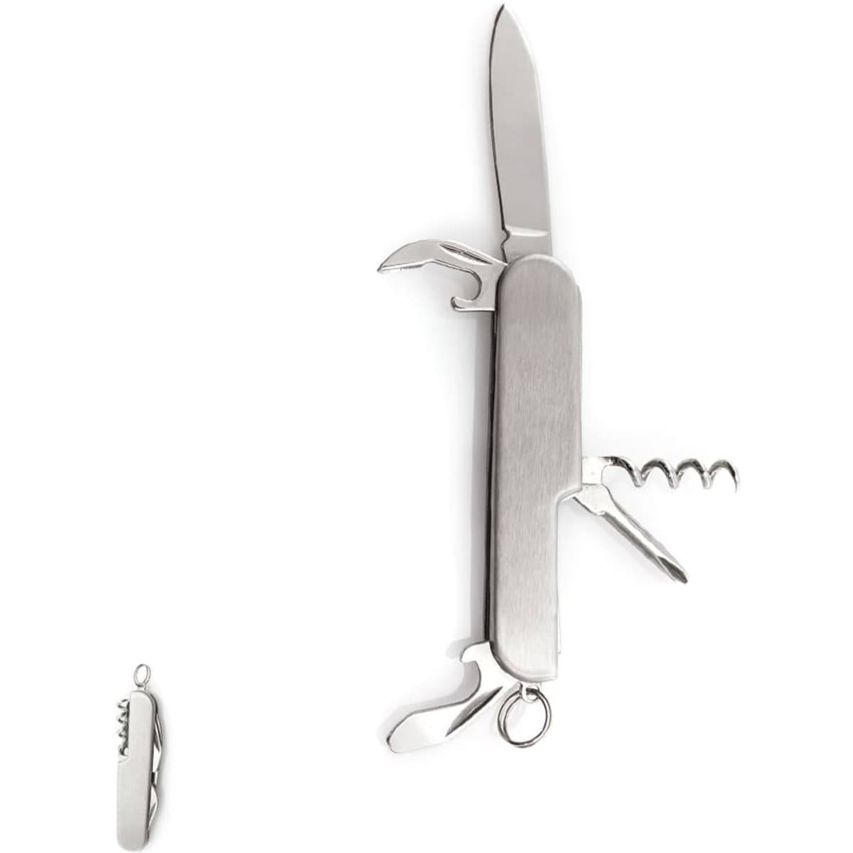 A shiny silver multi-tool featuring a knife, corkscrew, and other tools, designed as a keyring accessory.