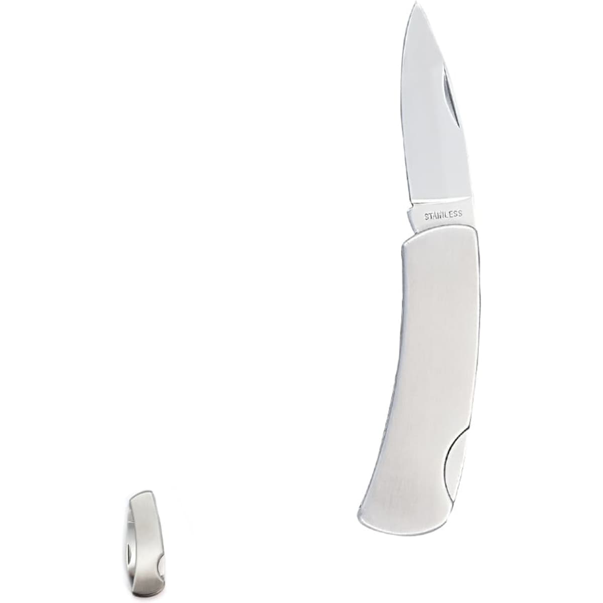 A stainless steel multi-tool knife with a sleek design, accompanied by a keyring attachment.