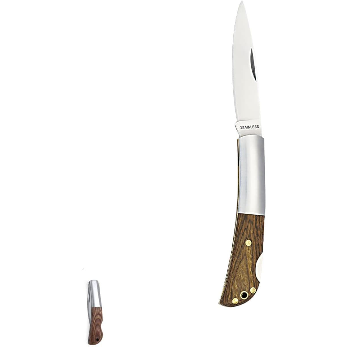 A stainless steel knife with a wooden handle, featuring a sleek design. It includes a smaller piece, likely a tool or cap.