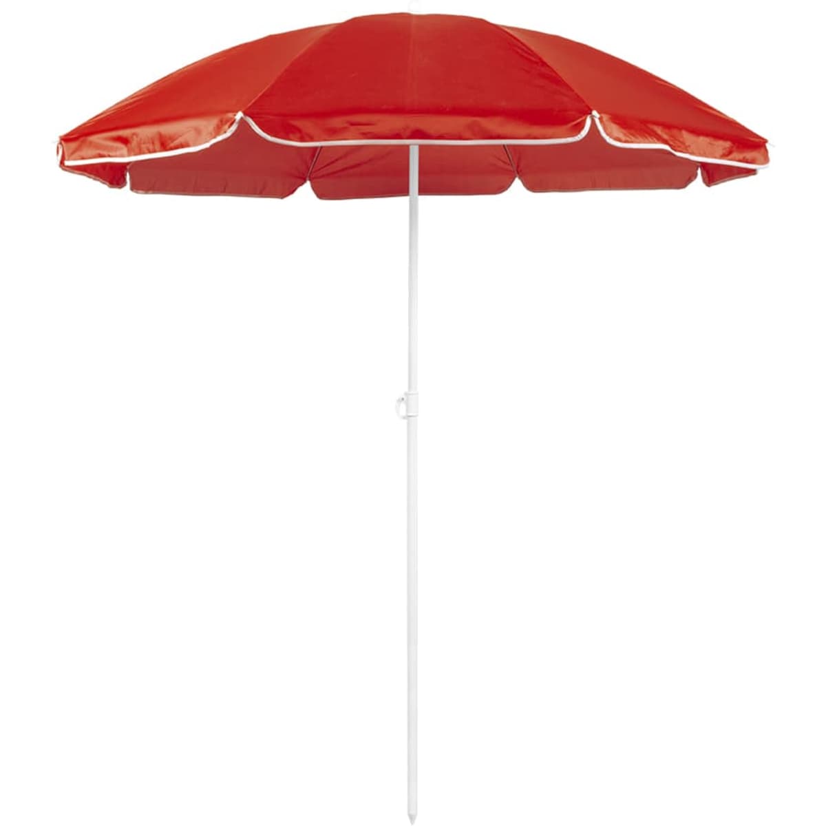 A red beach umbrella with a white pole, featuring a logo on the canopy. Ideal for outdoor leisure activities.