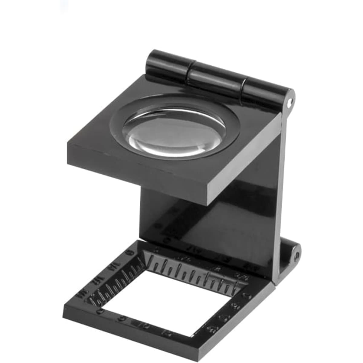 A black magnifying glass with a foldable design, featuring measurement markings along the base.