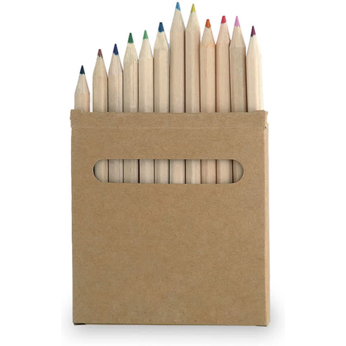 A wooden pencil set in a cardboard box, featuring twelve pencils in various colours with a handle cut-out.