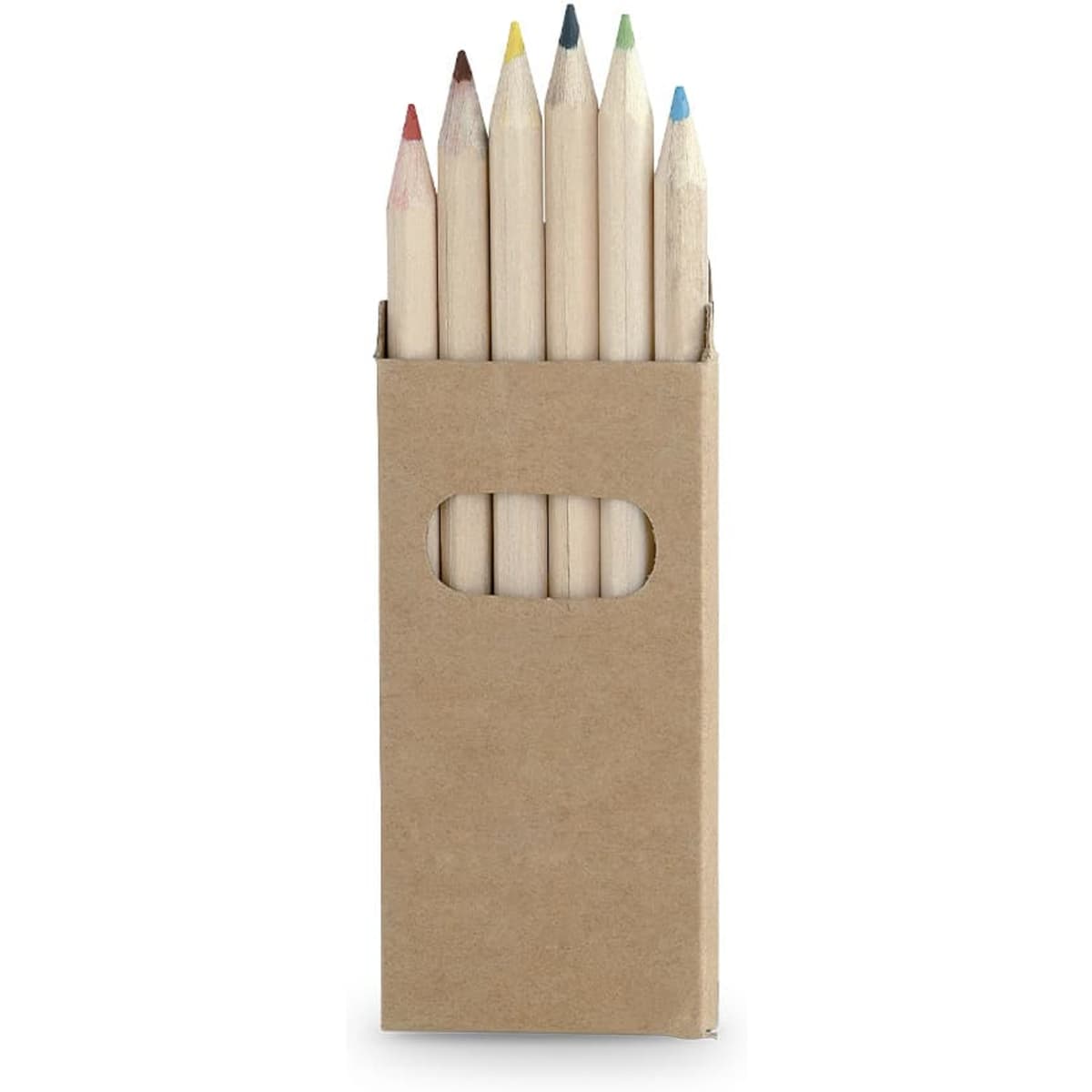 A set of eight grey-lead pencils in a brown cardboard box, featuring various coloured pencil tips.