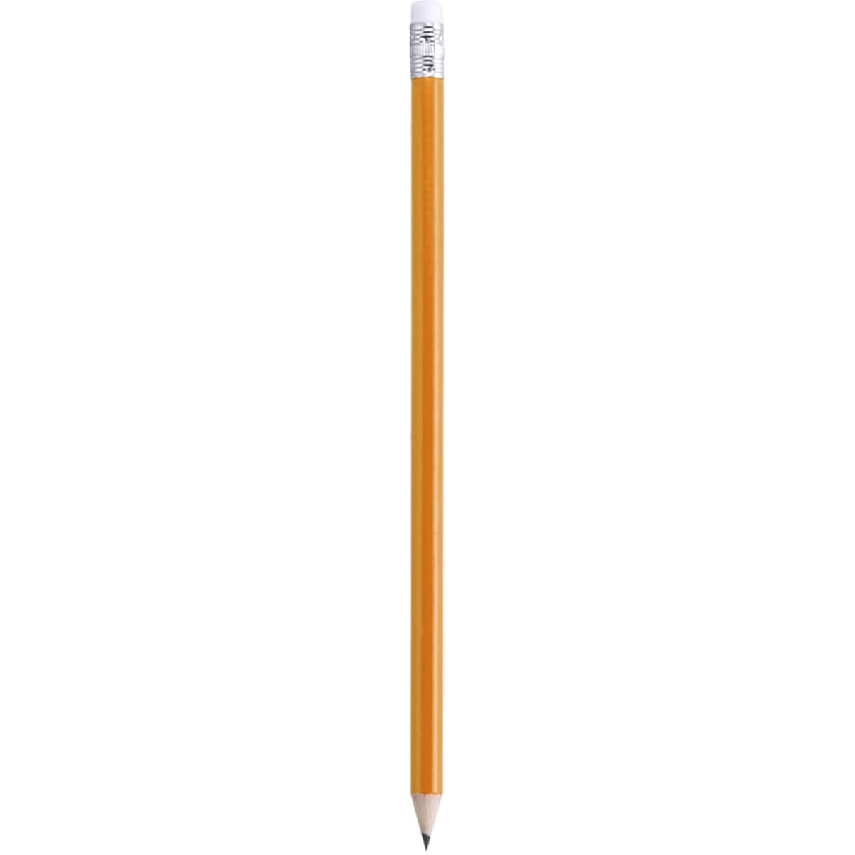 An orange pencil with a silver eraser at the top and a sharpened graphite tip.