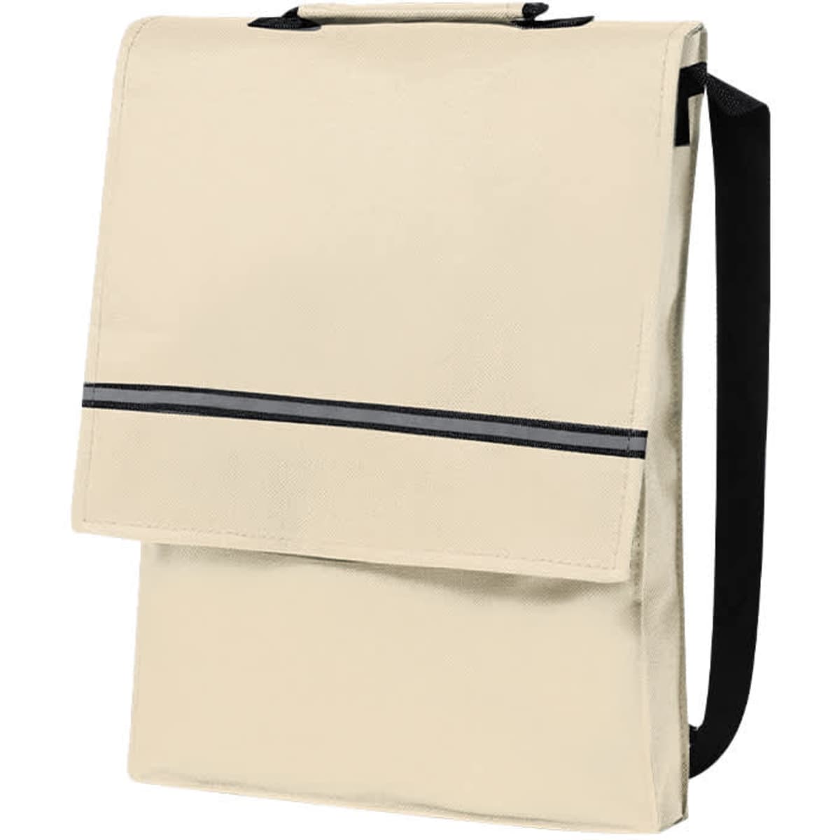 A beige bag with a black stripe and shoulder strap, featuring a flap closure and front pocket. It has a logo.