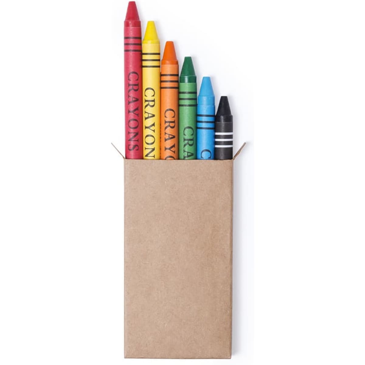A pack of crayons in various colours including red, yellow, orange, green, blue, and black, with a brown cardboard box.