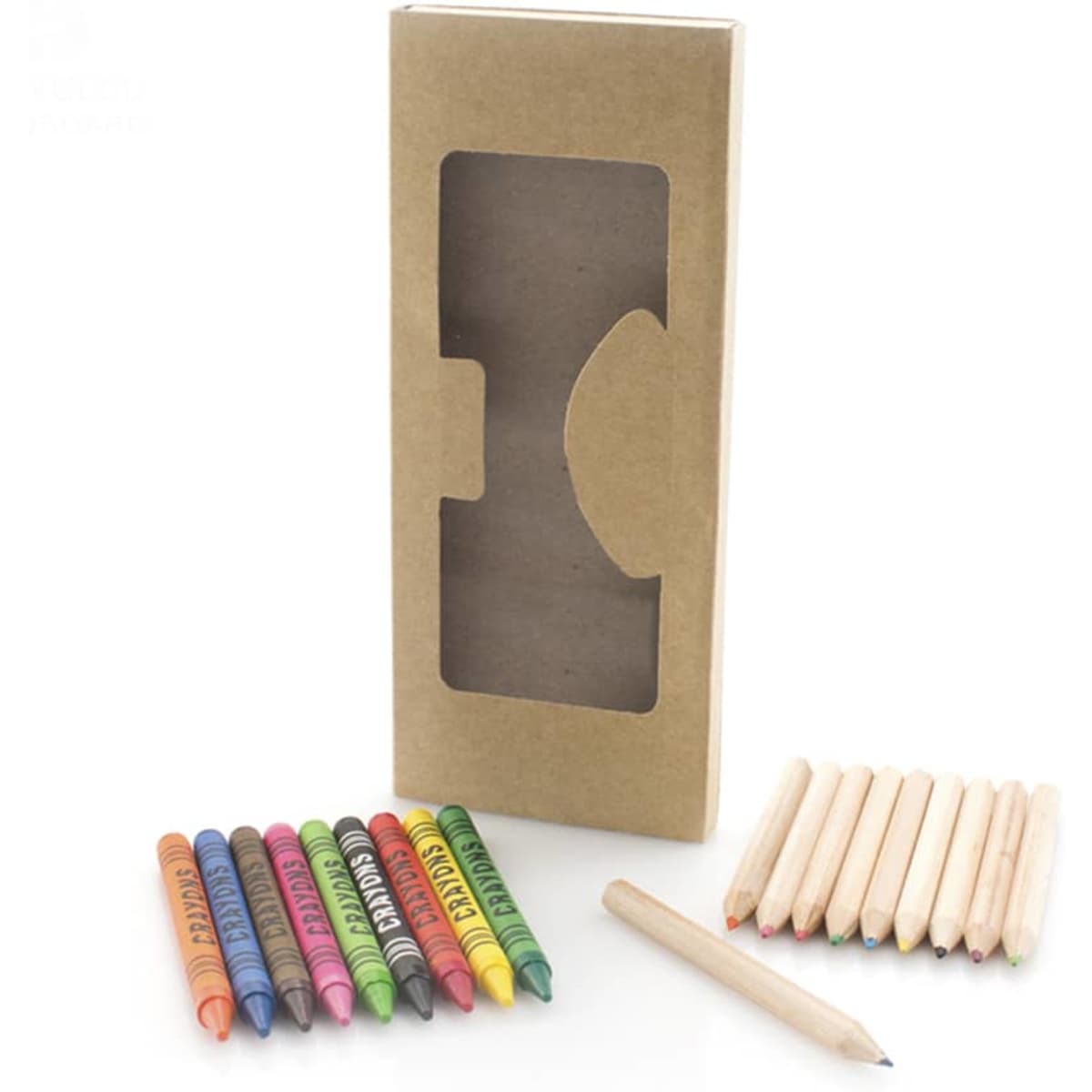 A kraft box containing a set of coloured pencils in various colours, alongside a few uncoloured pencils.