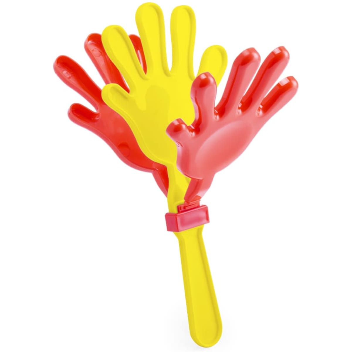 A novelty hand clapper, featuring red and yellow plastic hands on a handle, perfect for fun occasions.
