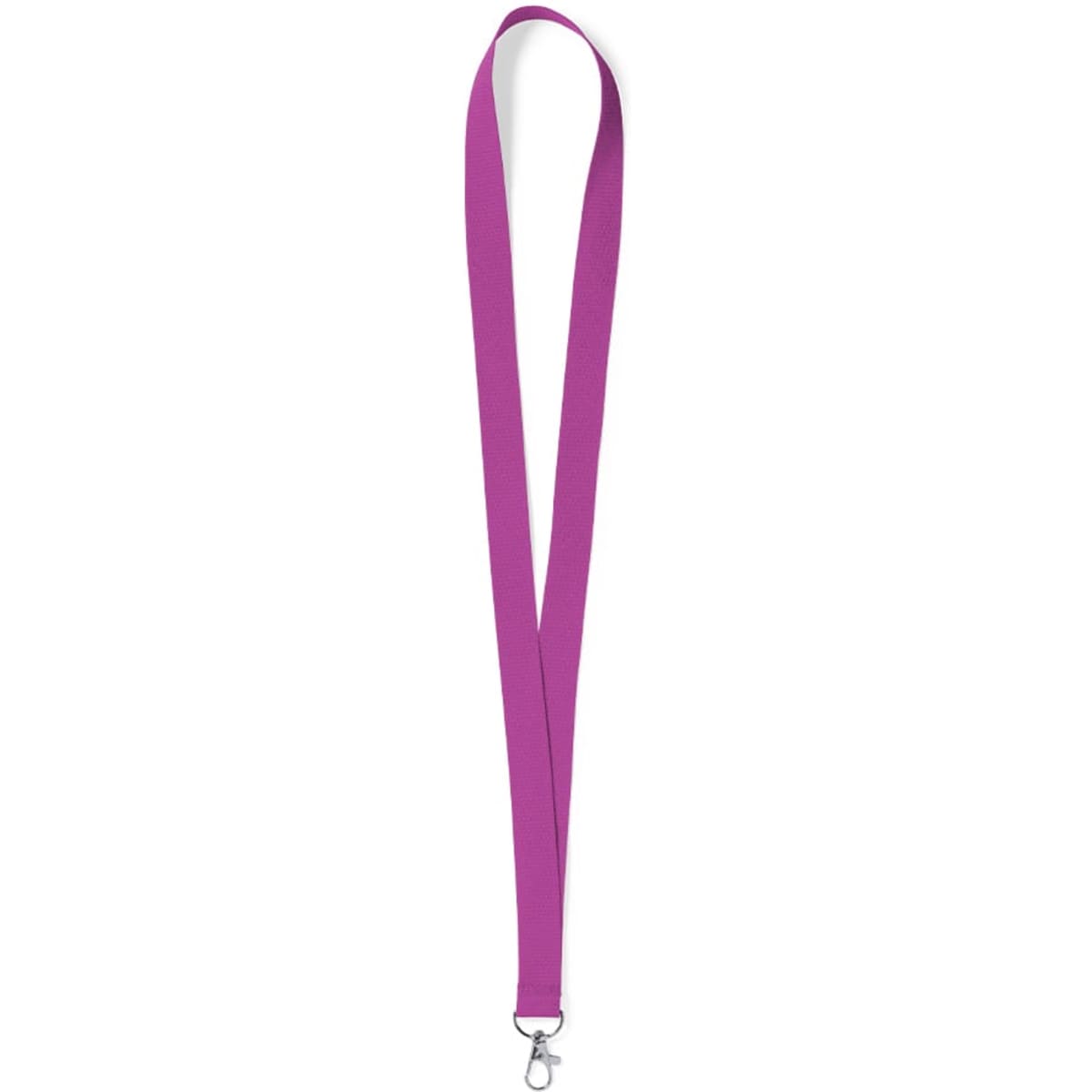 A pink neck lanyard with a metal clip attached for holding badges or keys.