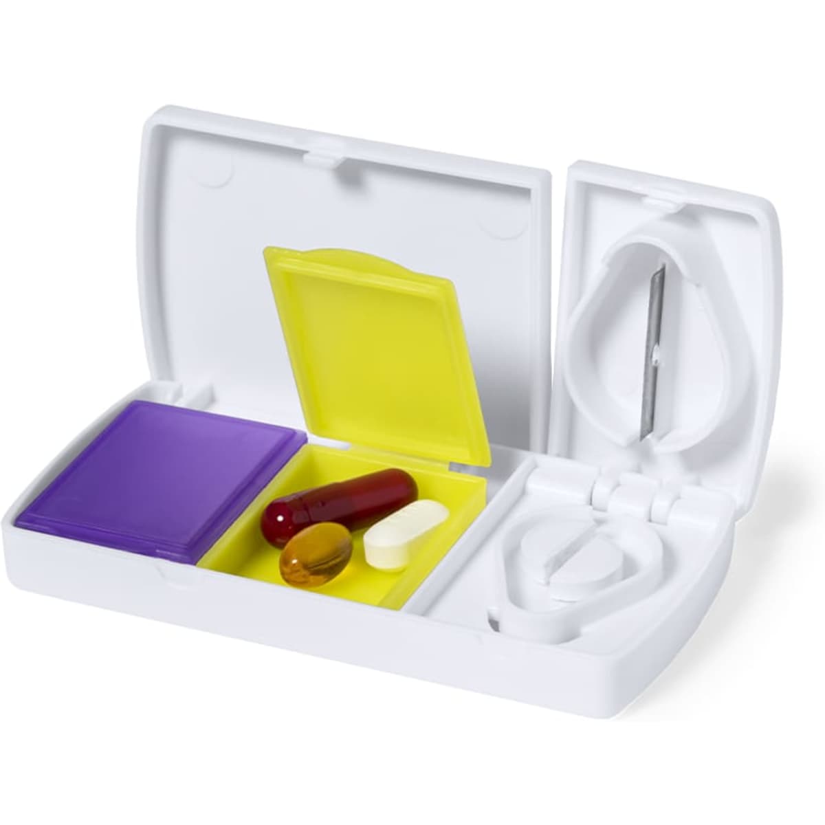 A pill organiser in white, featuring two compartments with purple and yellow sections, holding various vitamins and capsules.