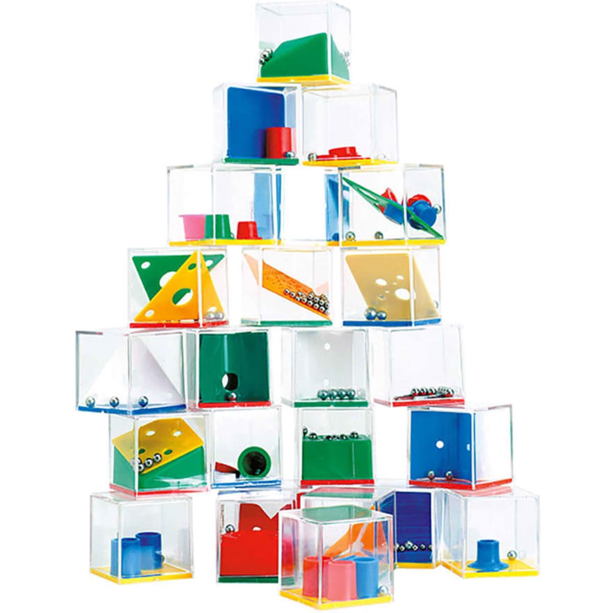 A collection of clear containers in various colours filled with colourful shapes and small balls, arranged in a tower.