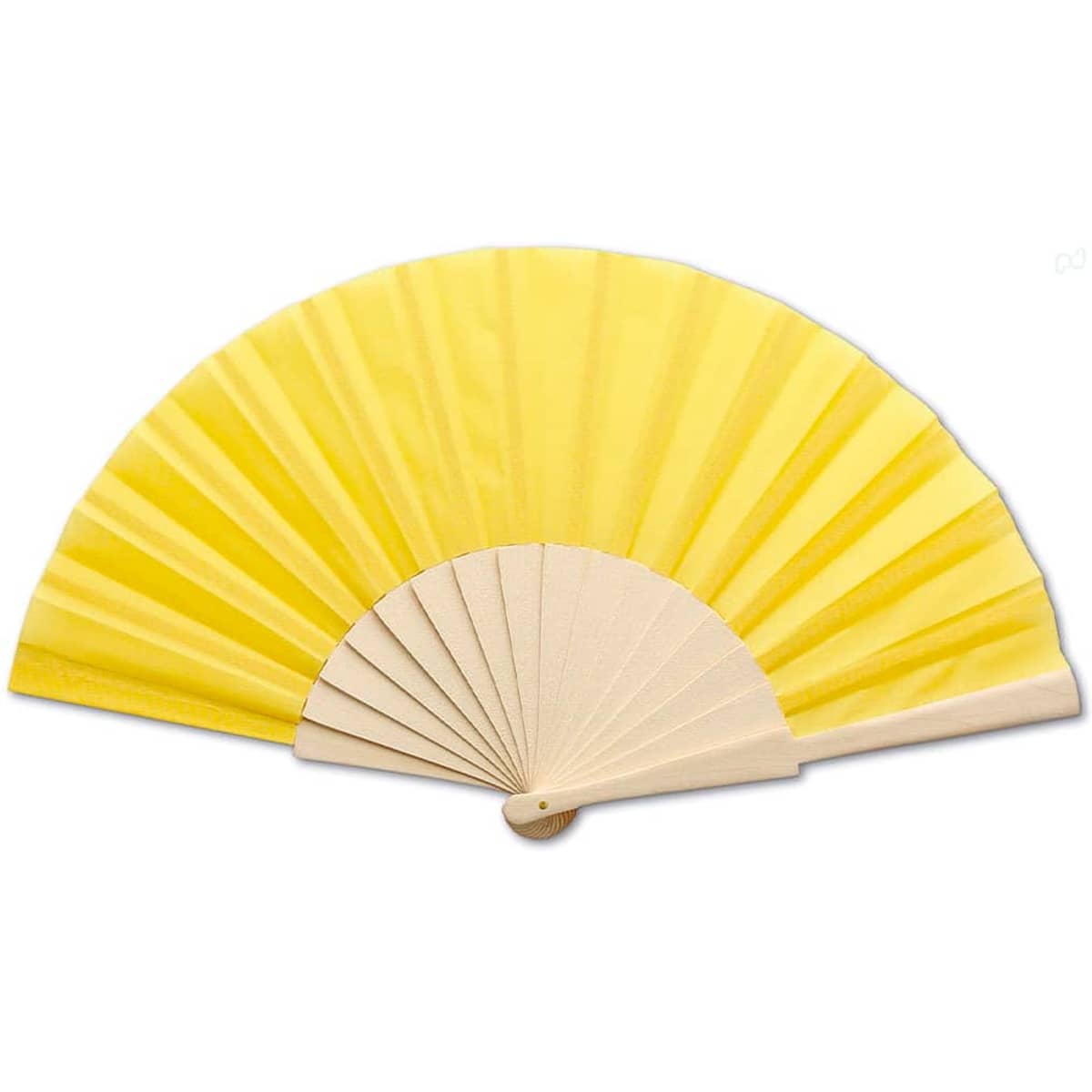 A handheld fan featuring a vibrant yellow fabric and a wooden frame. The fan is fully opened, displaying its pleated design.