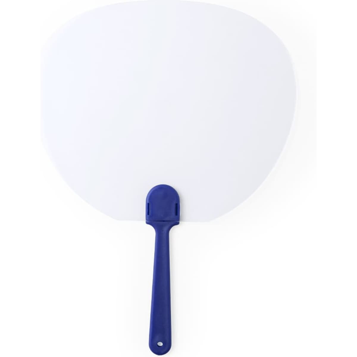 A large promotional fan with a blue handle and a transparent, rounded white blade. Features a logo on the handle.