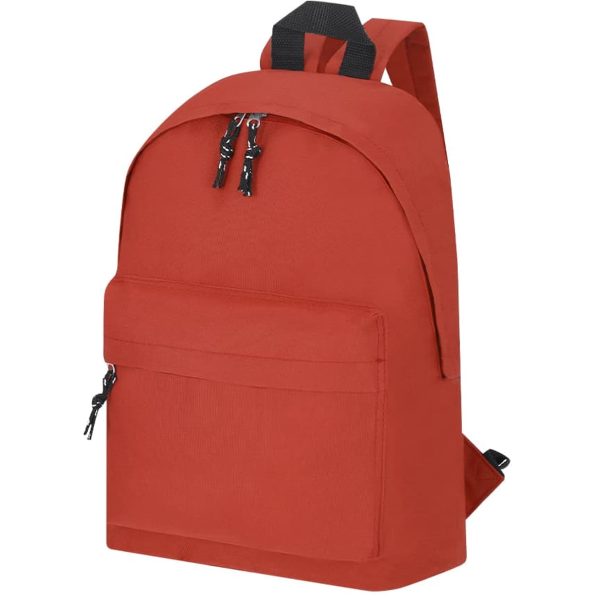 A red backpack with a front pocket, featuring two zippers and adjustable straps. It has a simple design and a logo.