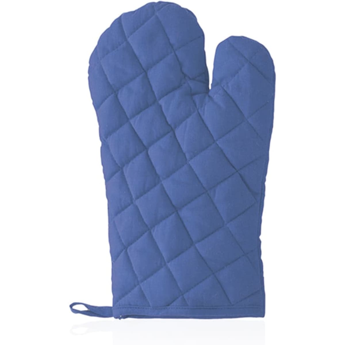 A blue quilted kitchen mitten featuring a hanging loop, designed for heat protection.