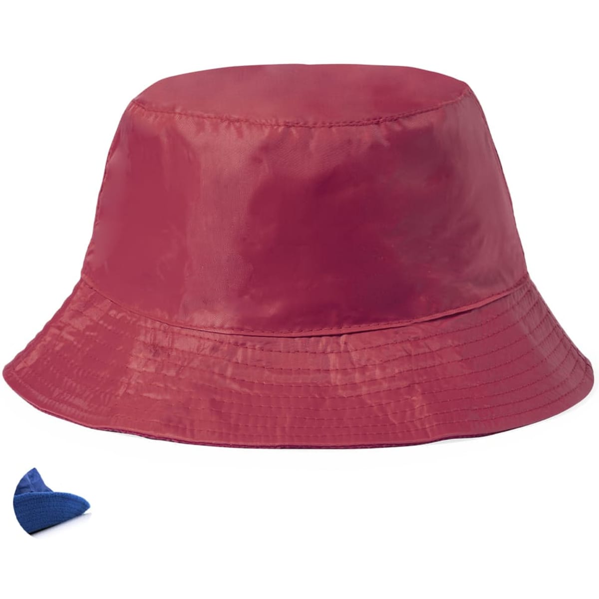 A red bucket hat made of shiny material with a wide brim, featuring a small blue logo on the side.