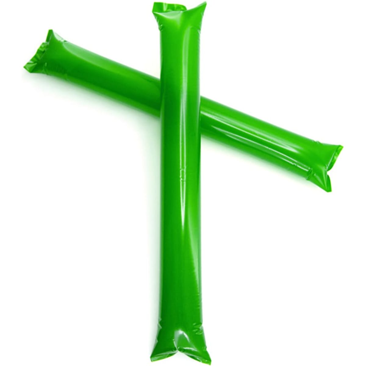 Two bright green inflatable sticks crossed over each other, featuring a glossy finish.