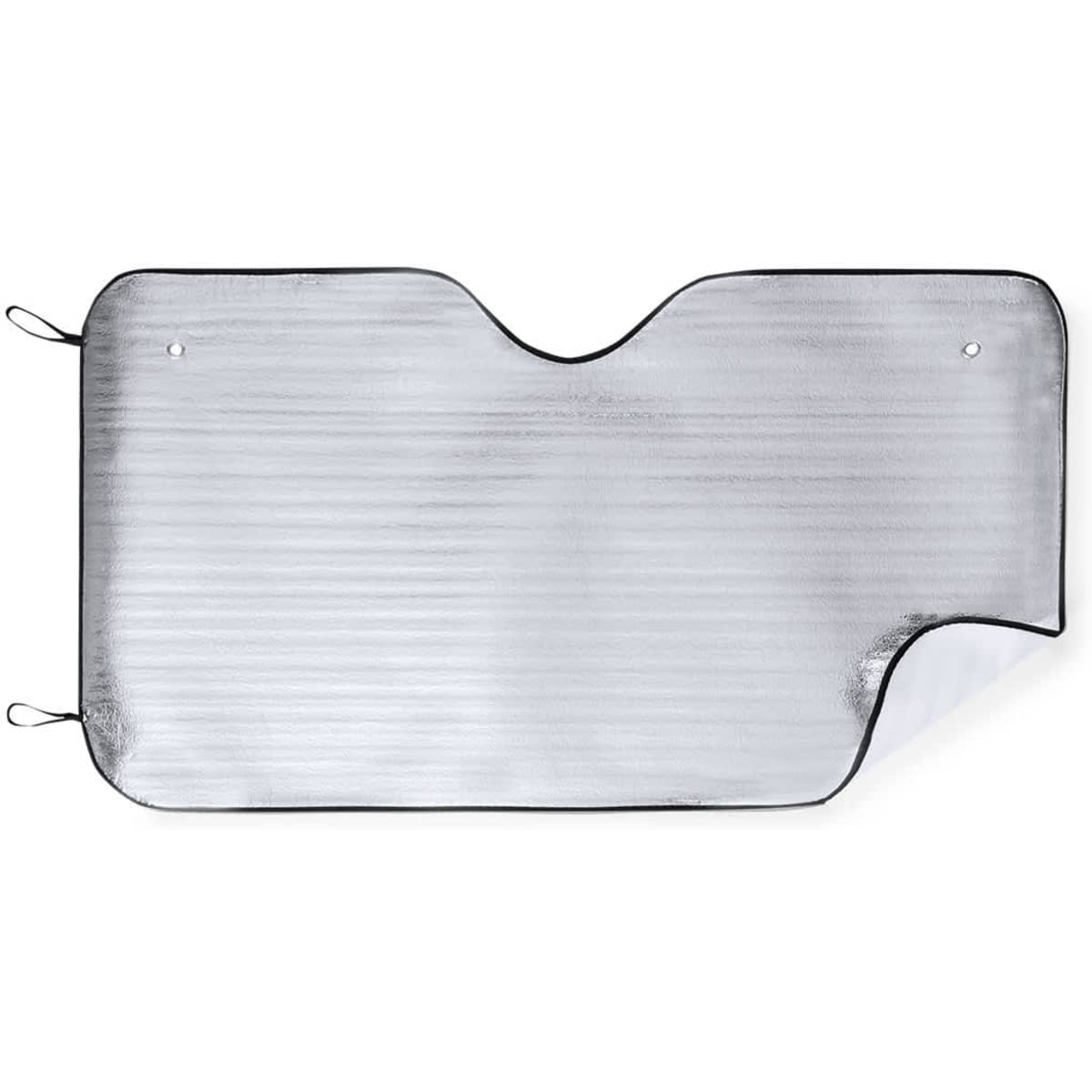 A silver sunshade with a black border, featuring eyelets for securing in place.