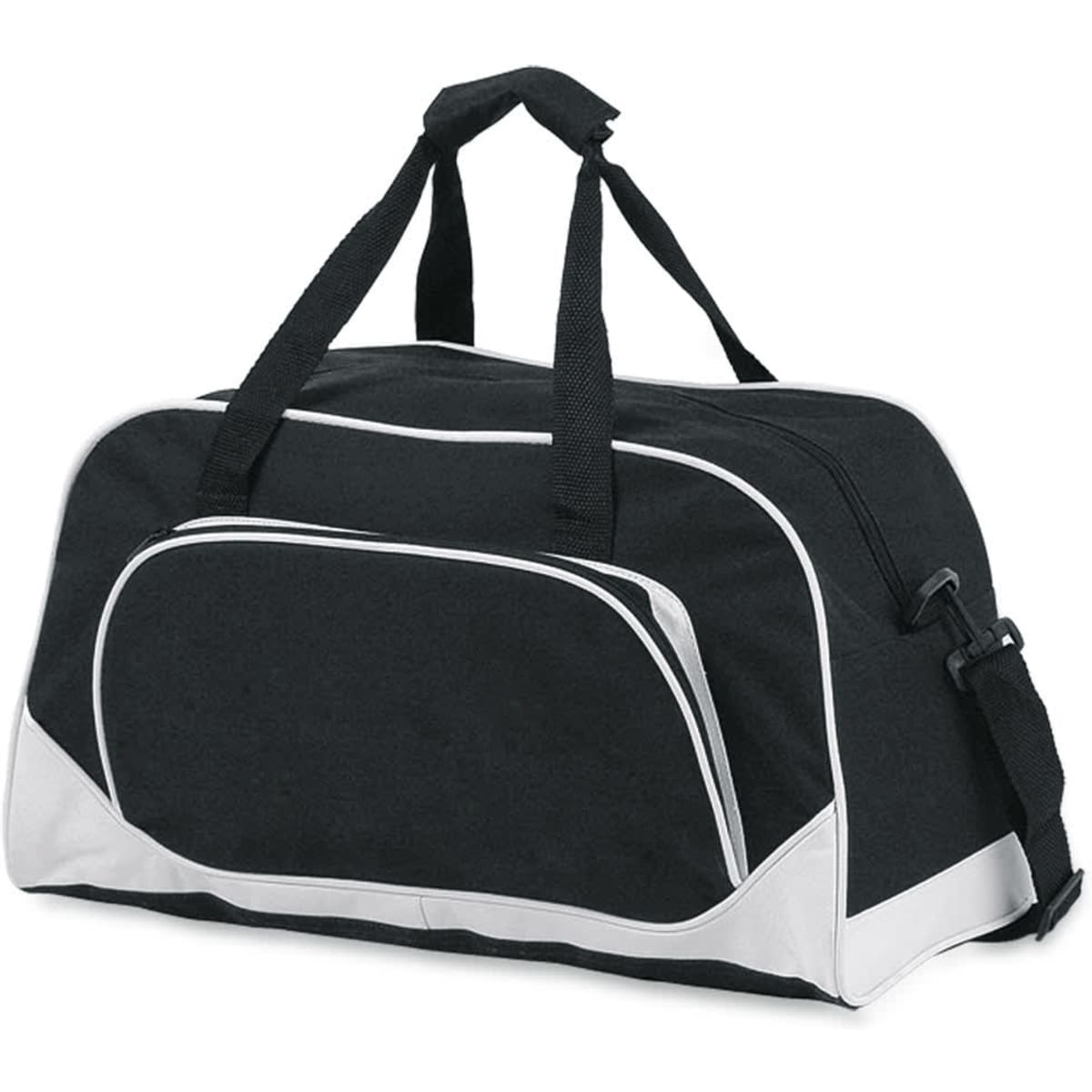 A black and white duffel bag featuring dual handles and a shoulder strap. It has a logo on the front.