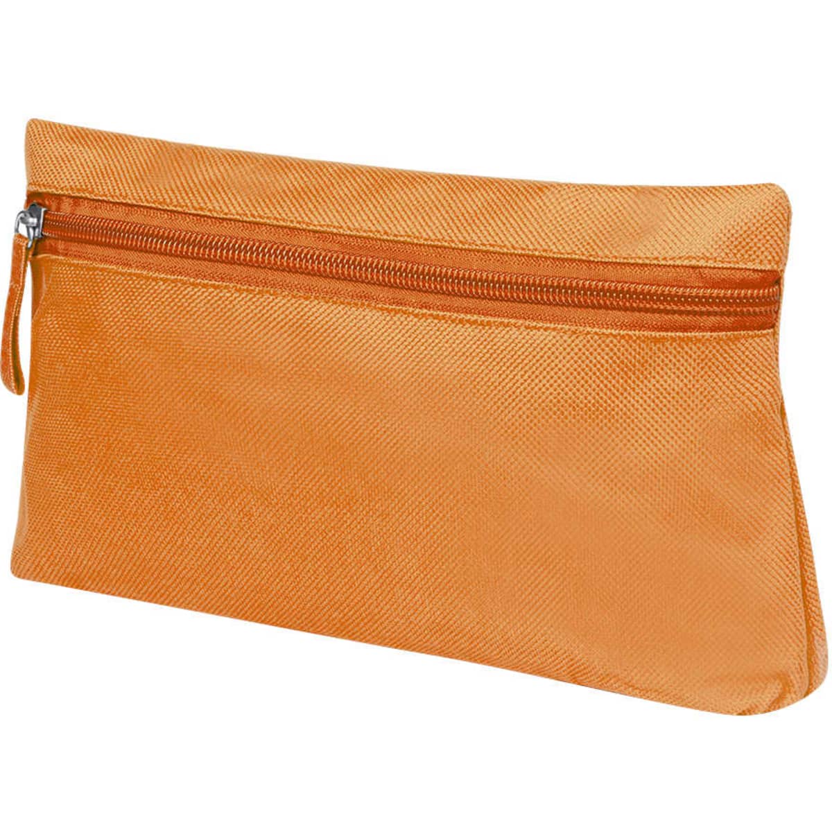 An orange toiletry bag with a zip closure and a sleek design, featuring a small wrist strap.