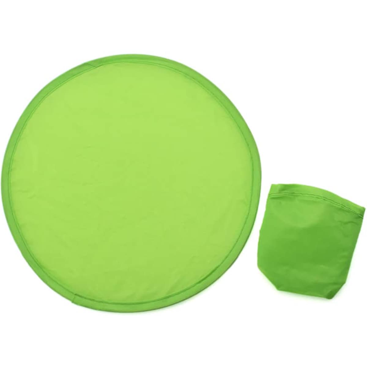 A bright green frisbee with a matching compact storage pouch. The frisbee is circular in shape.