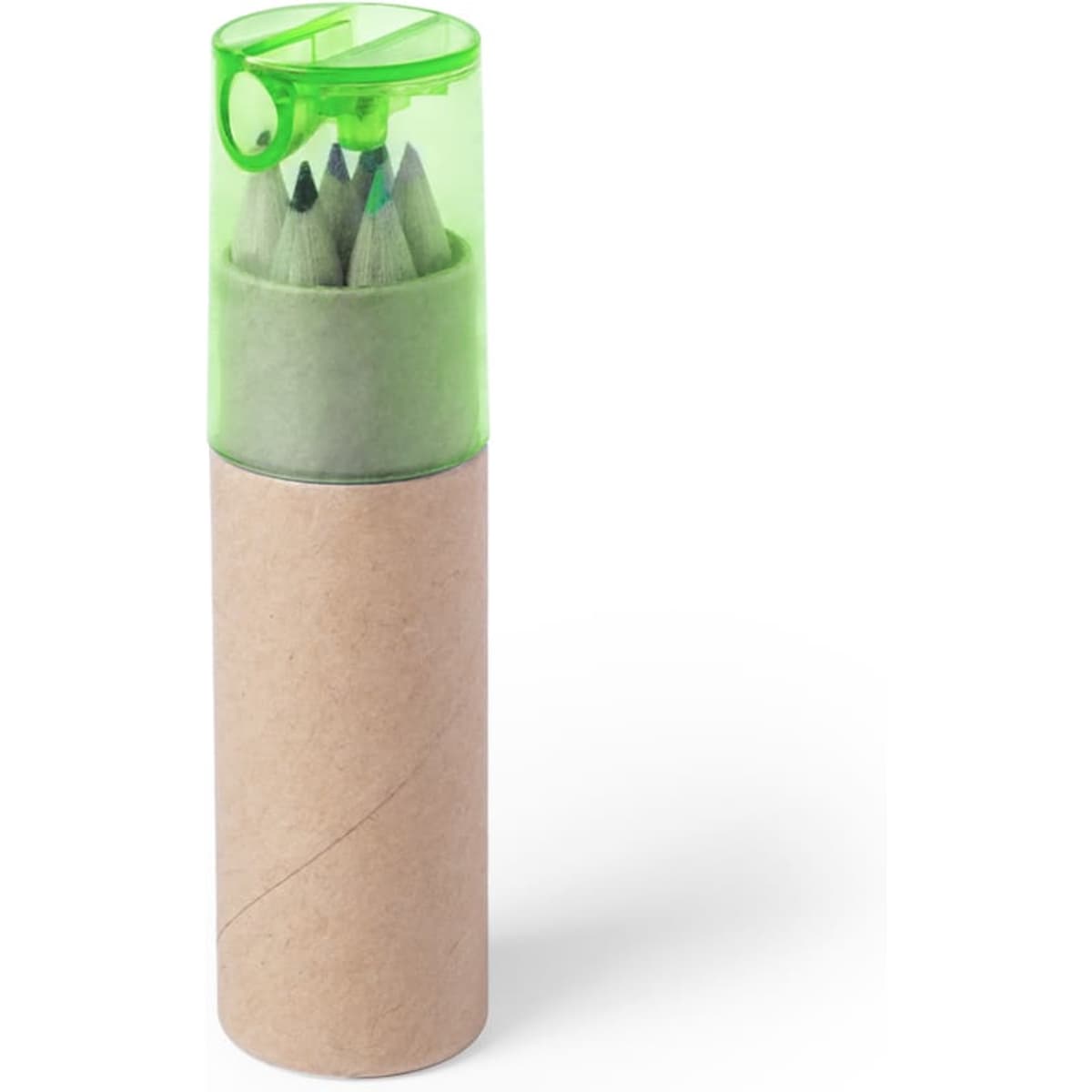 A green and brown cylindrical container holding grey-lead pencils with a transparent green lid.