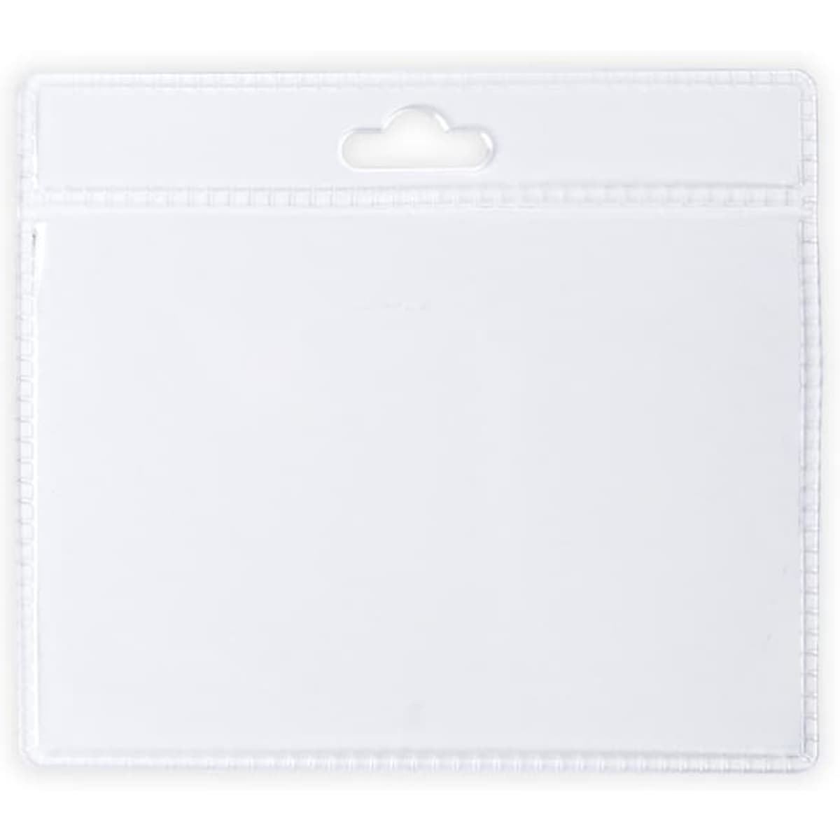 A clear plastic name badge holder featuring a top slot for attachment and a blank front, ideal for events.