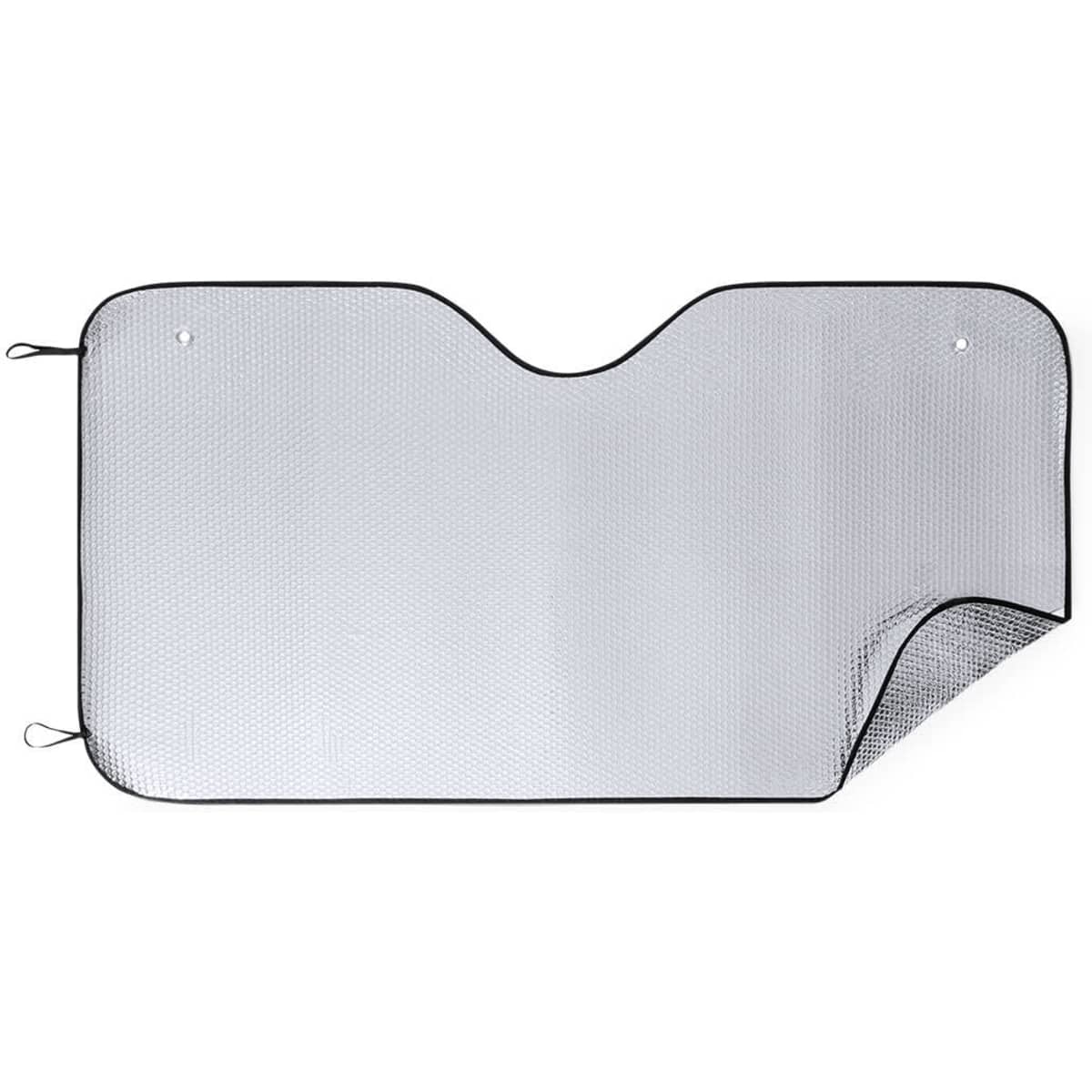 A sunshade in grey with a black trim, featuring a textured surface and two attachment points.