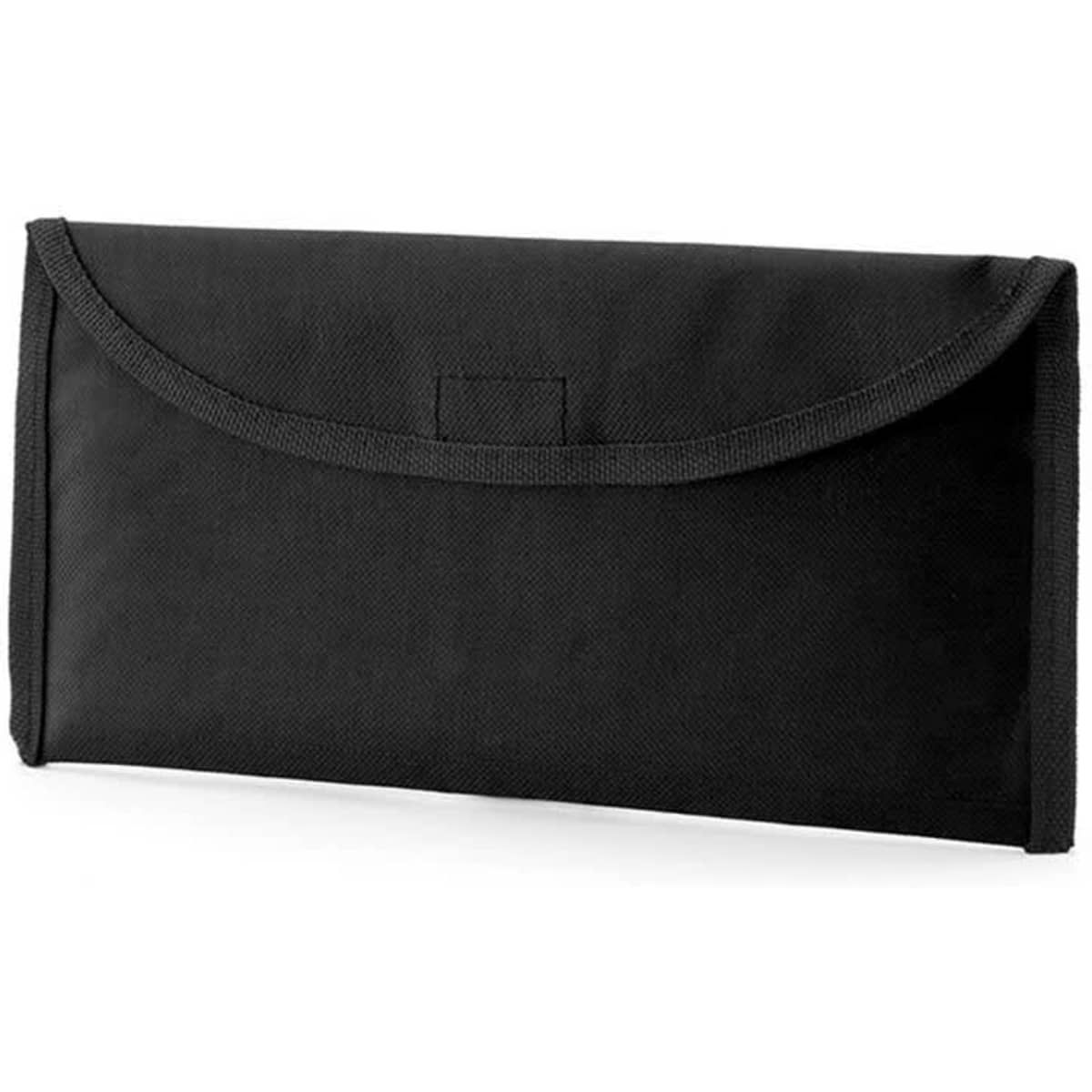 A black fabric pouch with a flap closure and a subtle branding logo. Suitable for various storage needs.