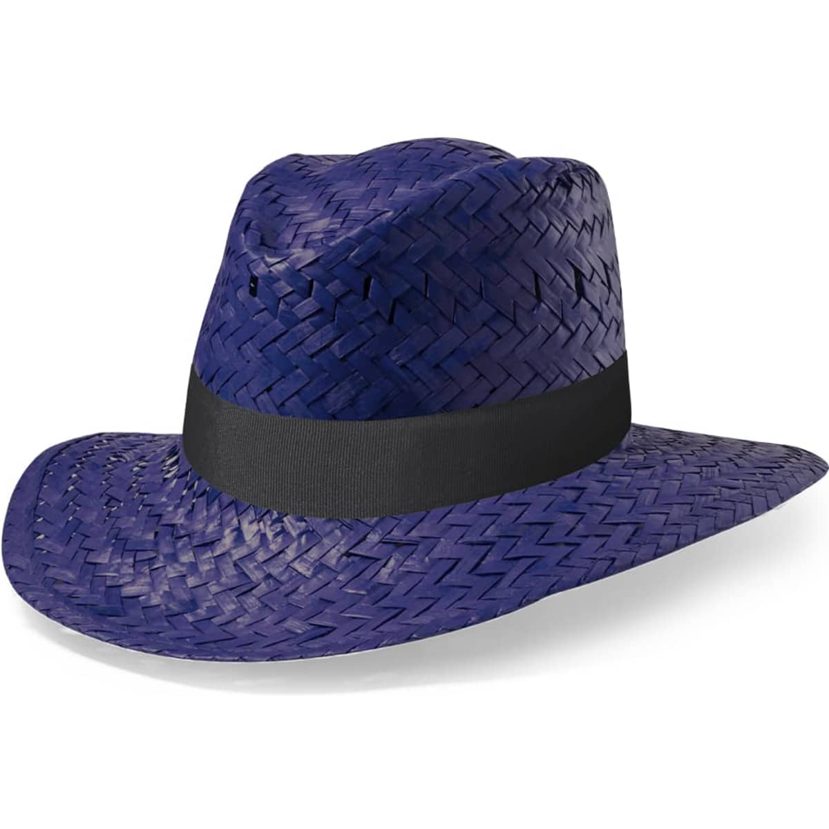 A purple straw hat with a black band. It features a classic design and woven texture.