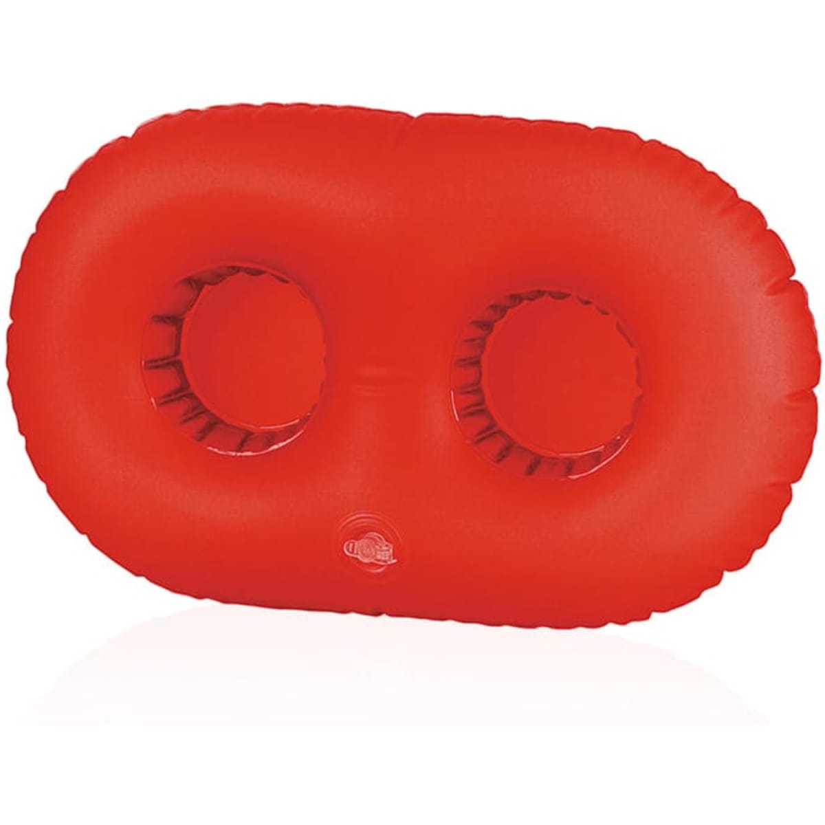 A red inflatable drink holder featuring two cup slots. The holder has a smooth surface and rounded edges.