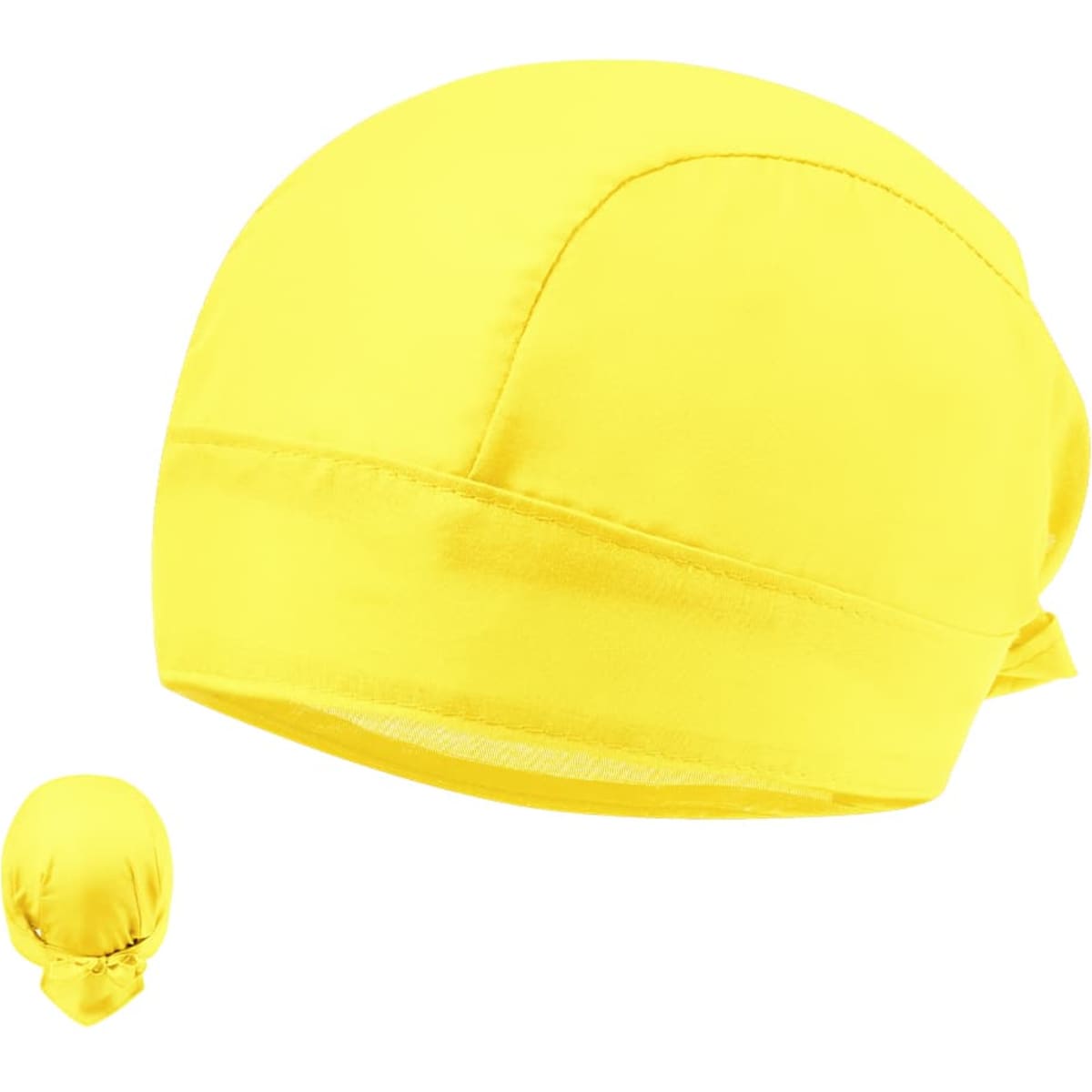 A yellow bandanna headwear item, featuring a smooth fabric and a fitted design. It includes a logo.