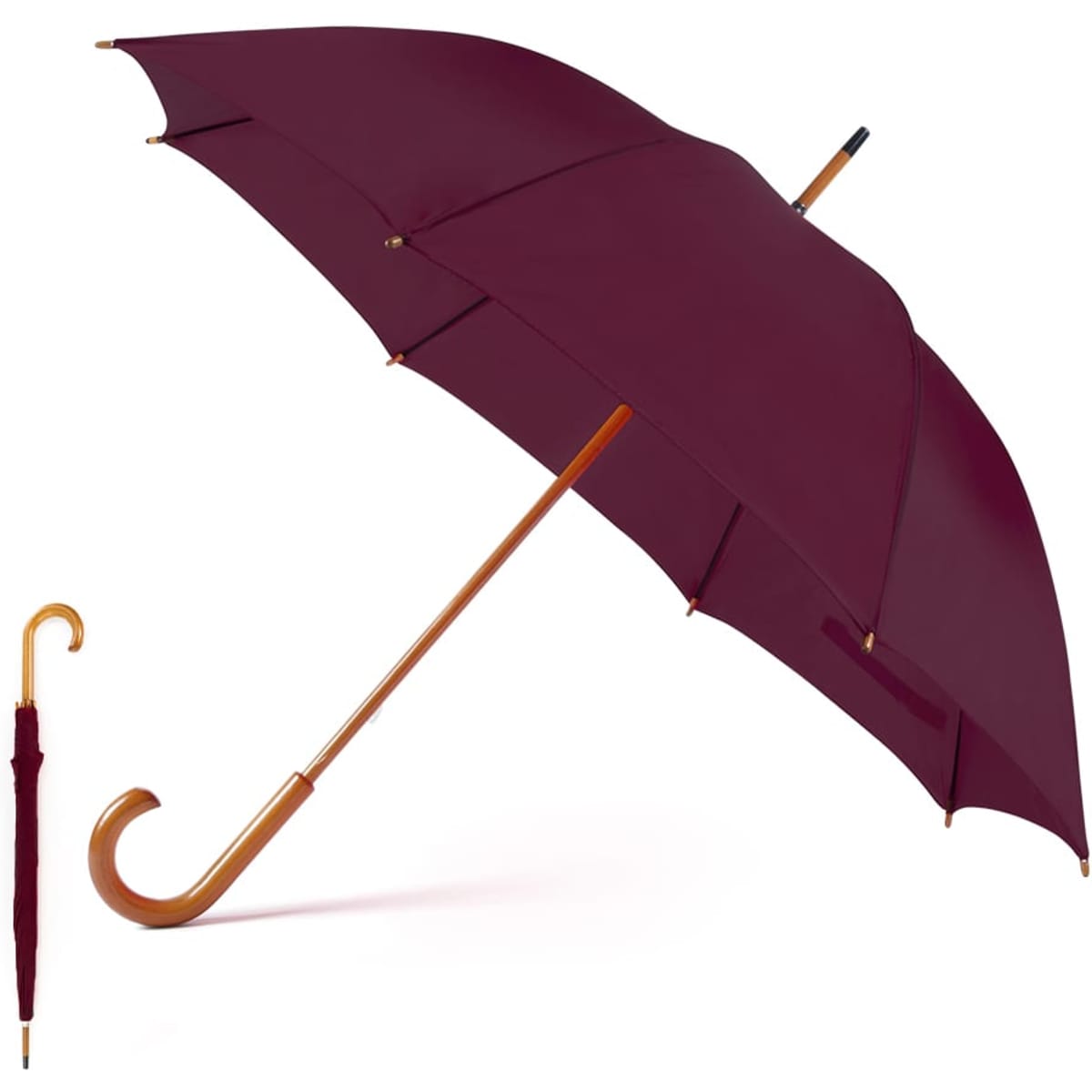 A burgundy umbrella with a wooden handle, displayed alongside a folded matching cover.
