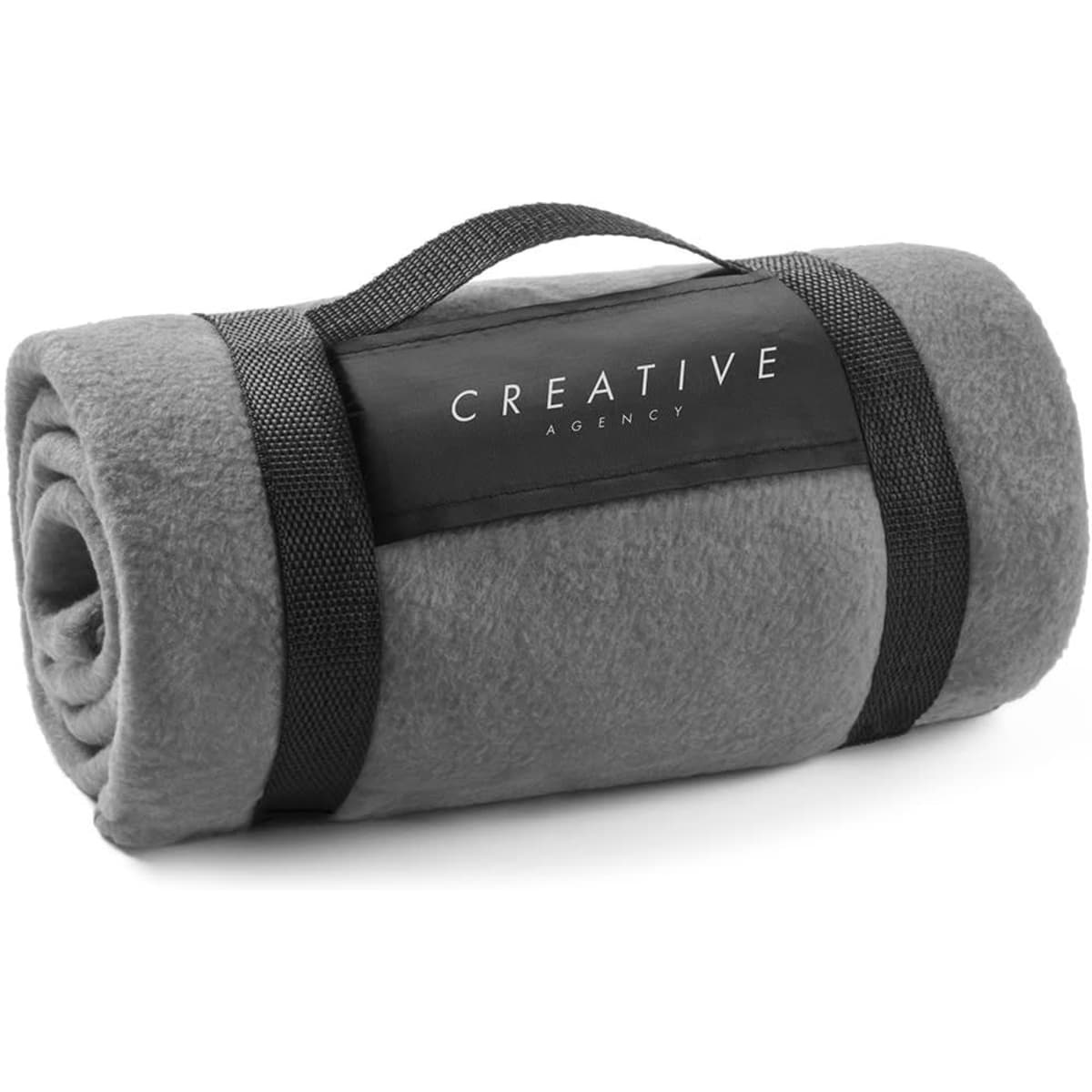 A rolled grey fleece blanket secured with black straps, featuring a logo on the side.