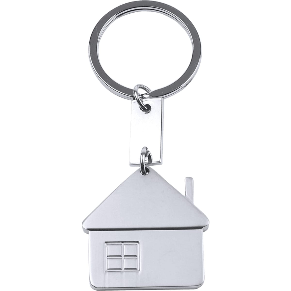 A silver keyring in the shape of a house, featuring a small window and chimney detail.