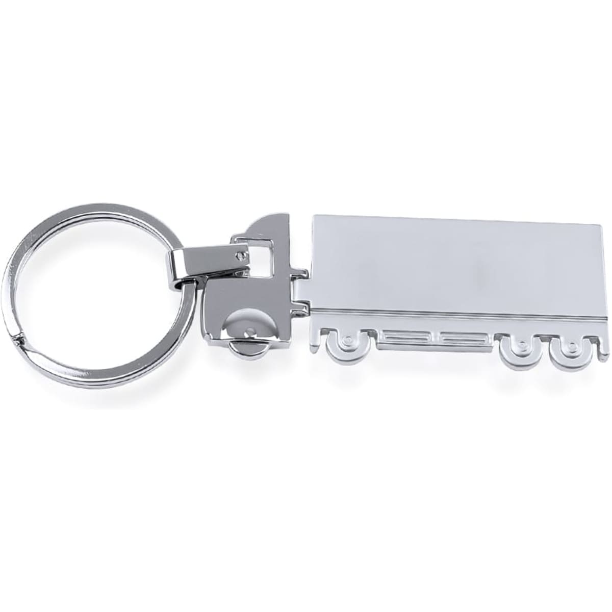 A silver trailer-shaped keyring with a metal ring for attachment, featuring a decorative design on the trailer.