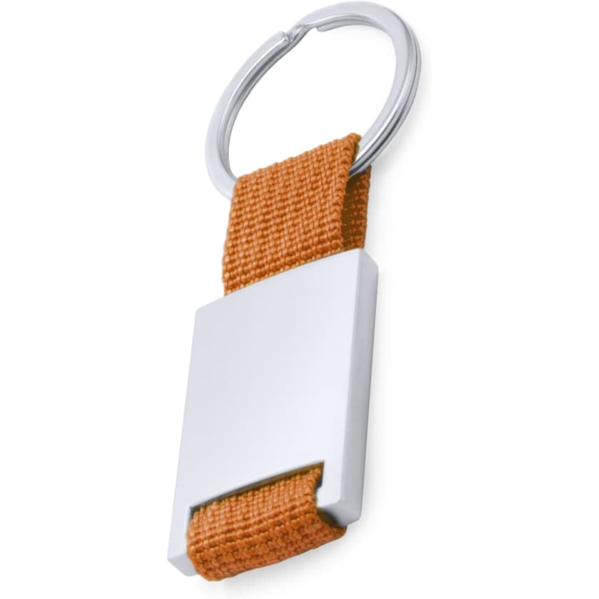 An orange fabric keyring with a silver metal tag and a metal keyring loop.