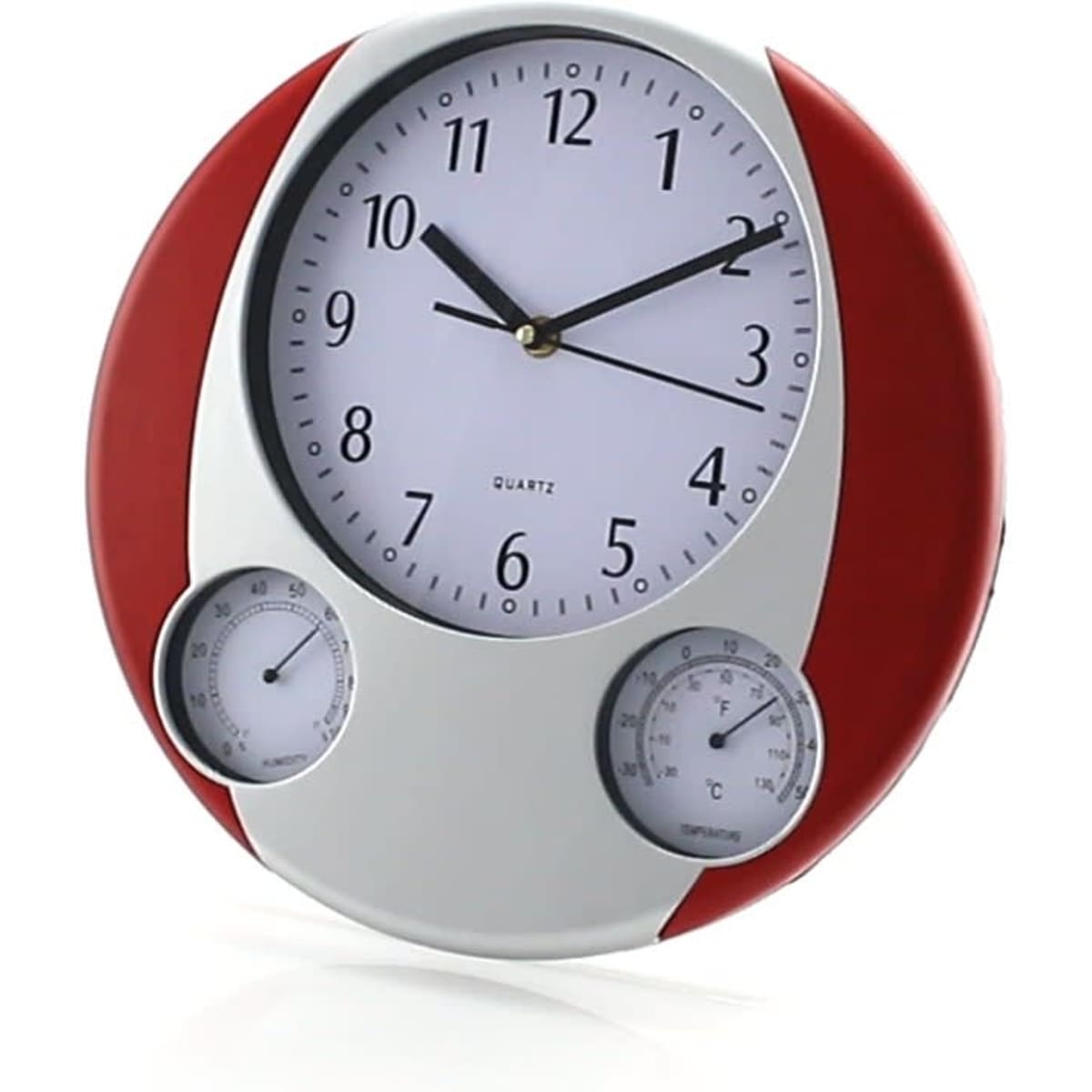 A round wall clock with a white face, bold black numbers, and red accents. It features temperature and humidity gauges.