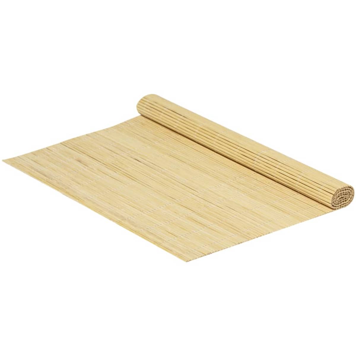 A bamboo mat rolled partially open, showcasing its natural beige colour and smooth texture. It features a simple design.
