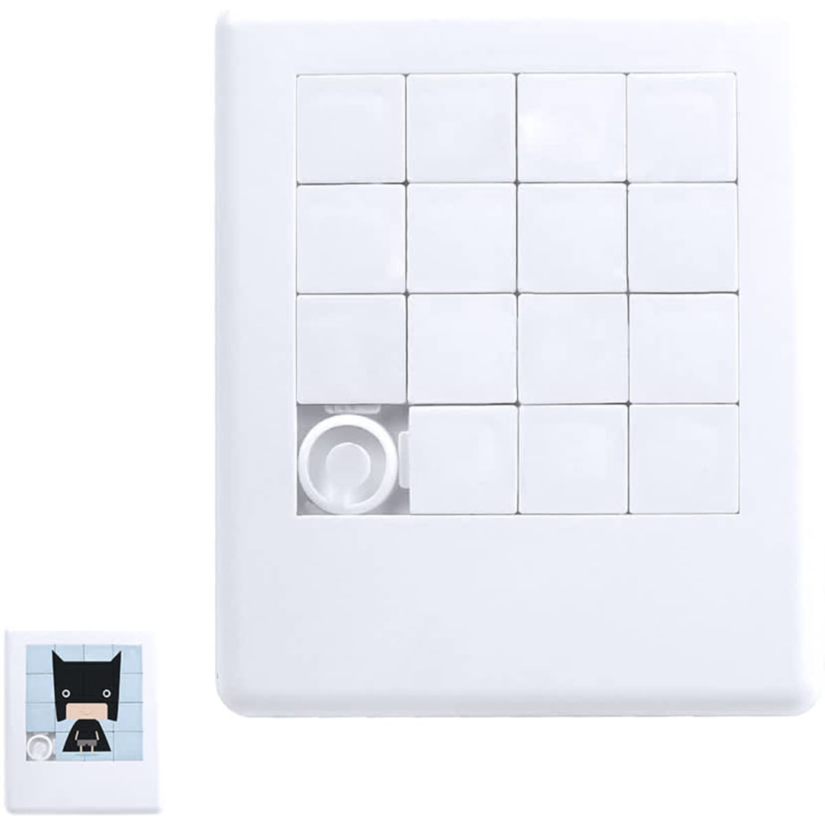 A white sliding puzzle featuring 16 square pieces and a small image of a cat-like character on the side.